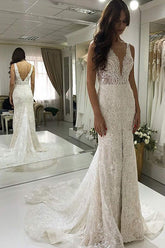 Gorgeous Mermaid V-neck Lace Long Wedding Dresses,Sparkly Slit Wedding Dresses with Train